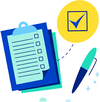 An illustration of a clipboard and a pen with a check mark above it.
